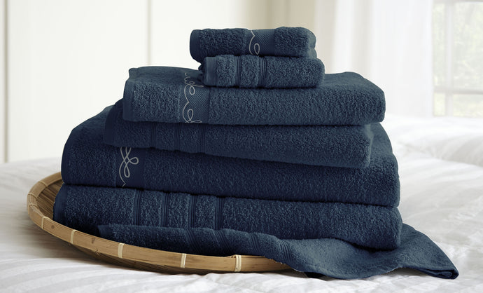 6 piece embroidered egyptian cotton towel set - Vintage Ribbon - Denim