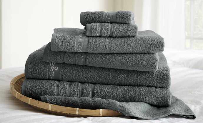 6 piece embroidered egyptian cotton towel set - Vintage Ribbon - Gray