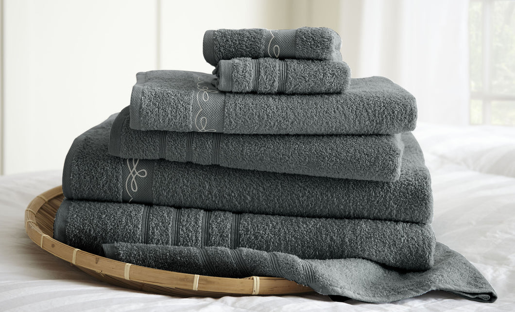 6 piece embroidered egyptian cotton towel set - Vintage Ribbon - Gray