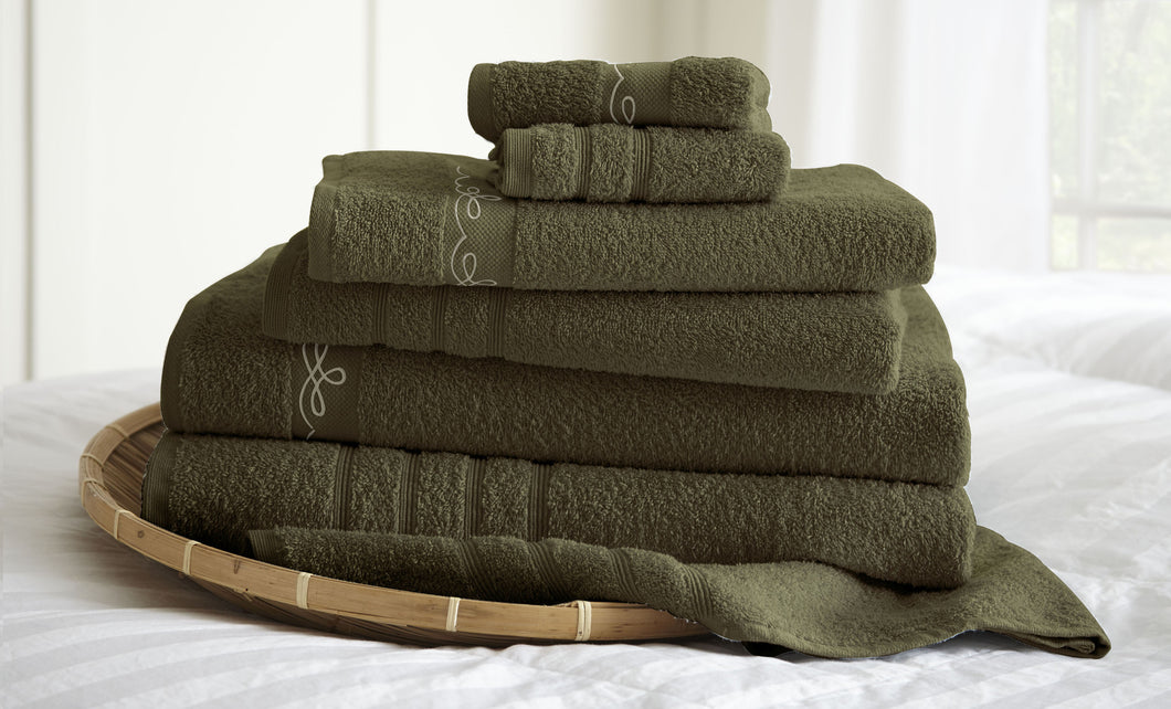 6 piece embroidered egyptian cotton towel set - Vintage Ribbon - Mocha