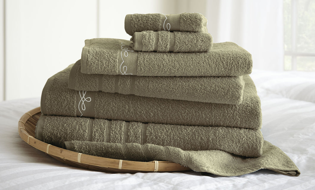 6 piece embroidered egyptian cotton towel set - Vintage Ribbon - Taupe