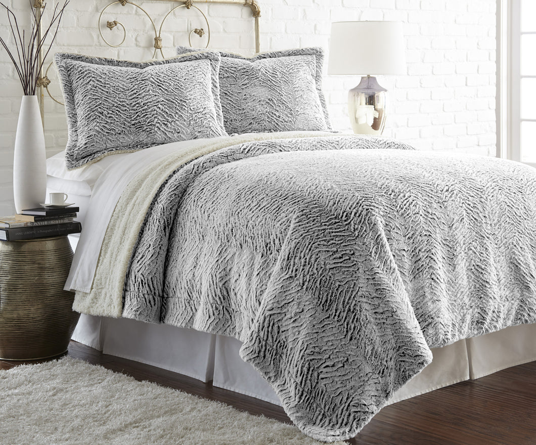 Faux fur/Sherpa 3 Piece Comforter Set Charcoal King