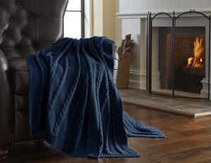 100% Cotton Oversized Cable Classic sweater knit throw Denim Blue