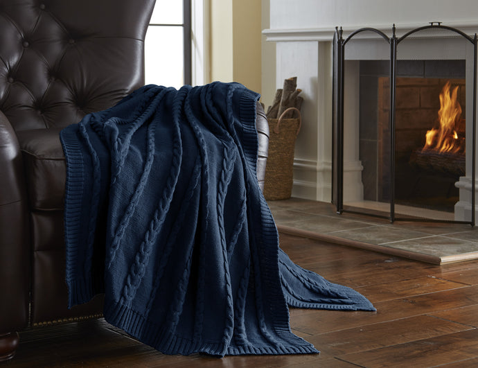 100% Cotton Oversized Cable Classic sweater knit throw Denim Blue
