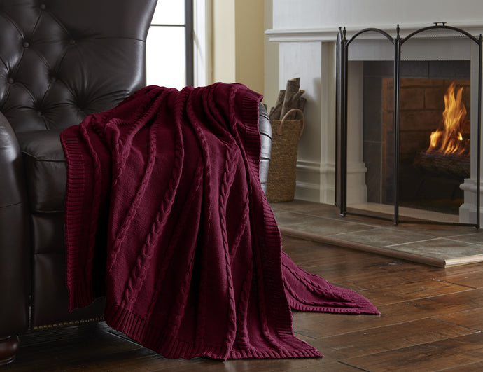 100% Cotton Oversized Cable Classic sweater knit throw Red