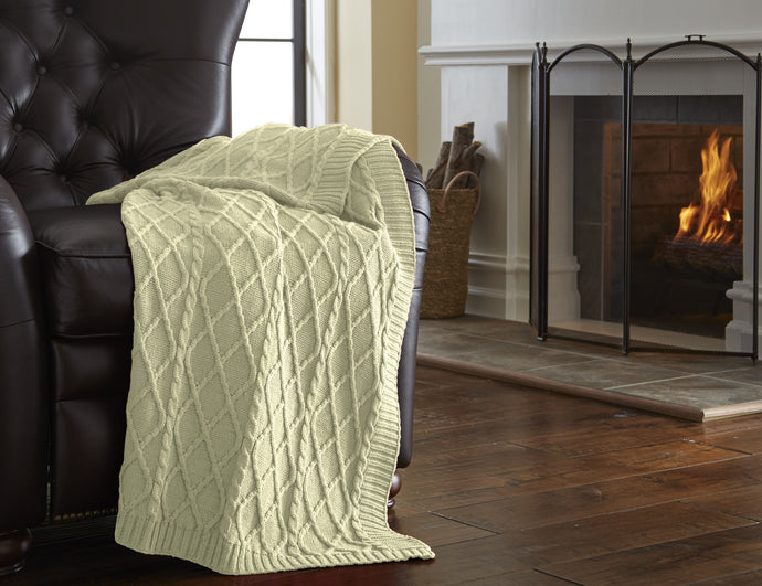 100% Cotton Oversized Cable Diamond knit throws Antique White