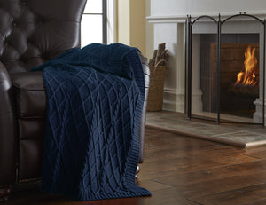100% Cotton Oversized Cable Diamond knit throws Denim Blue