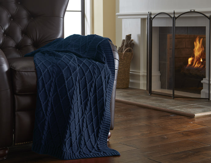 100% Cotton Oversized Cable Diamond knit throws Denim Blue