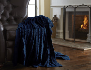 100% Cotton Oversized Sweater knit throws Denim Blue