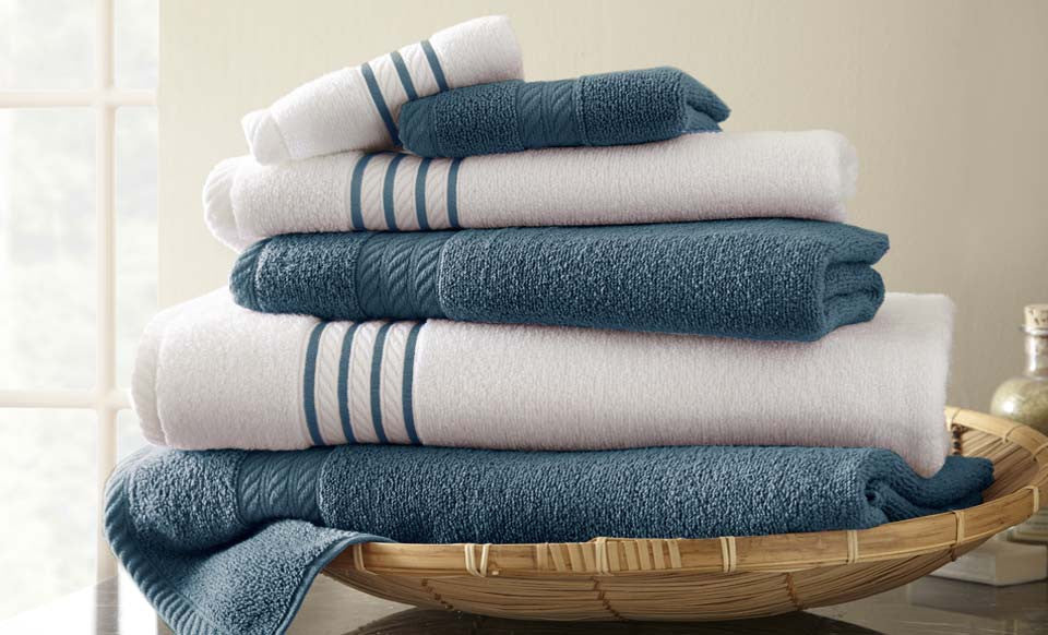 6 Piece Quick Dry Stripe Towel Set Med. Blue