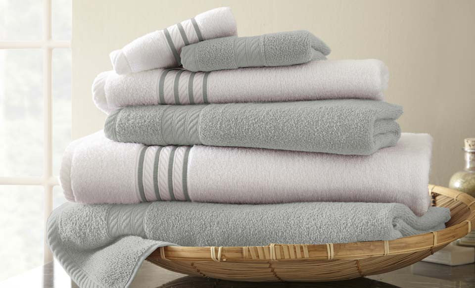 6 Piece Quick Dry Stripe Towel Set Silver