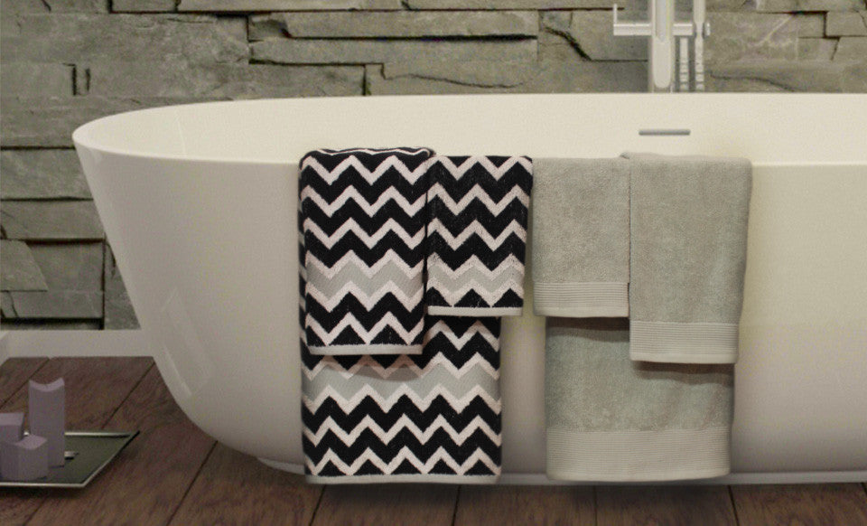 600 GSM 100% Egyptian cotton Yarn dyed Chevron 6 piece towel set Black/Grey