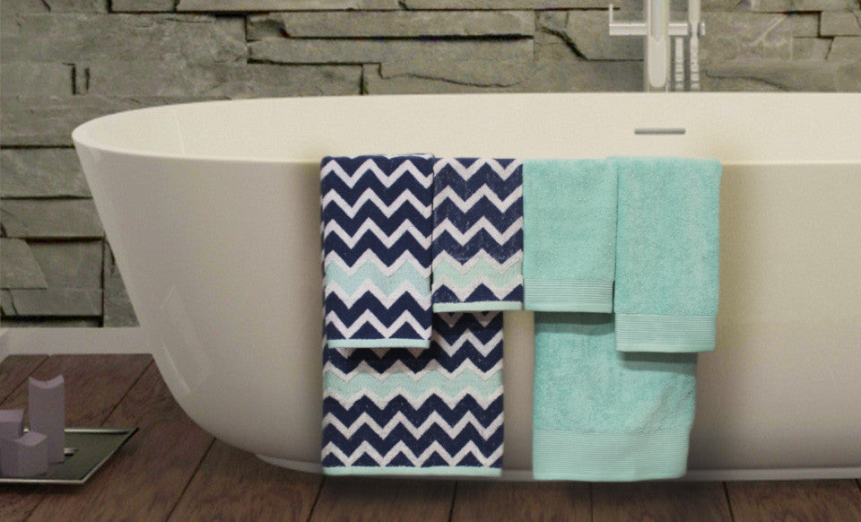 600 GSM 100% Egyptian cotton Yarn dyed Chevron 6 piece towel set Denim/Aqua