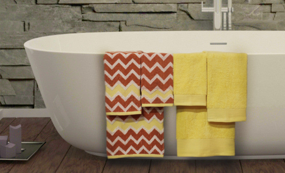 600 GSM 100% Egyptian cotton Yarn dyed Chevron 6 piece towel set Orange/Yellow