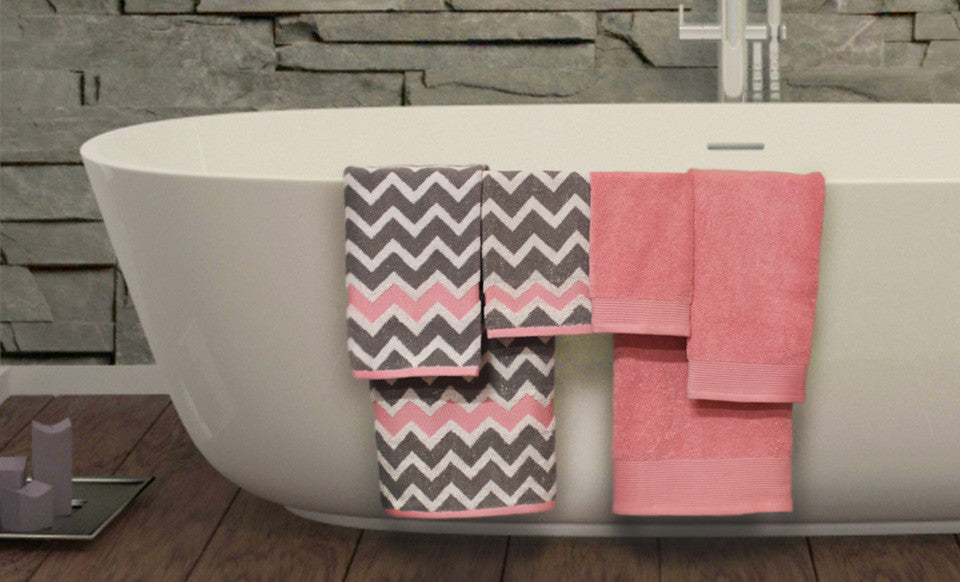 600 GSM 100% Egyptian cotton Yarn dyed Chevron 6 piece towel set Grey/Pink