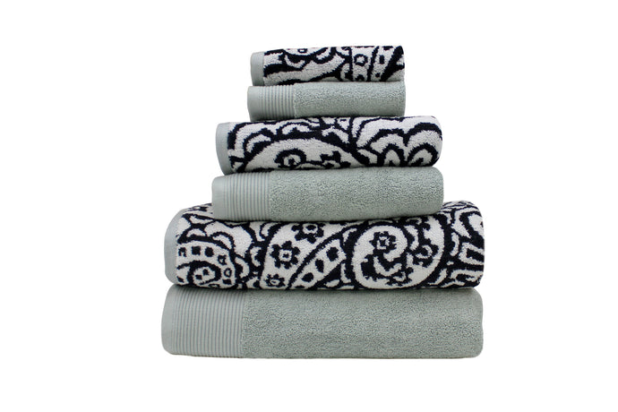 600 GSM 100% Egyptian cotton Yarn dyed Paisley 6 piece towel set Black/Grey