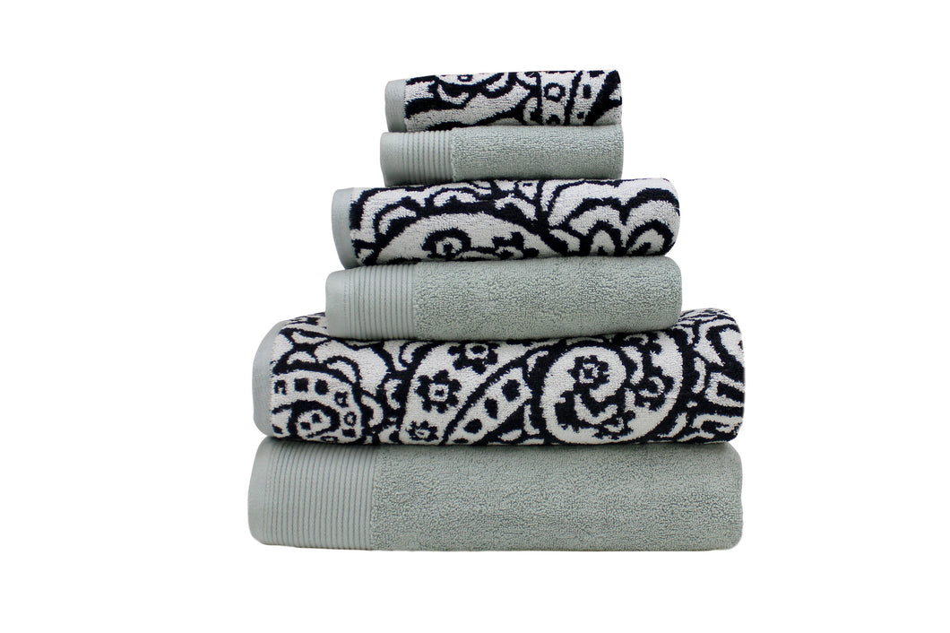 600 GSM 100% Egyptian cotton Yarn dyed Paisley 6 piece towel set Black/Grey
