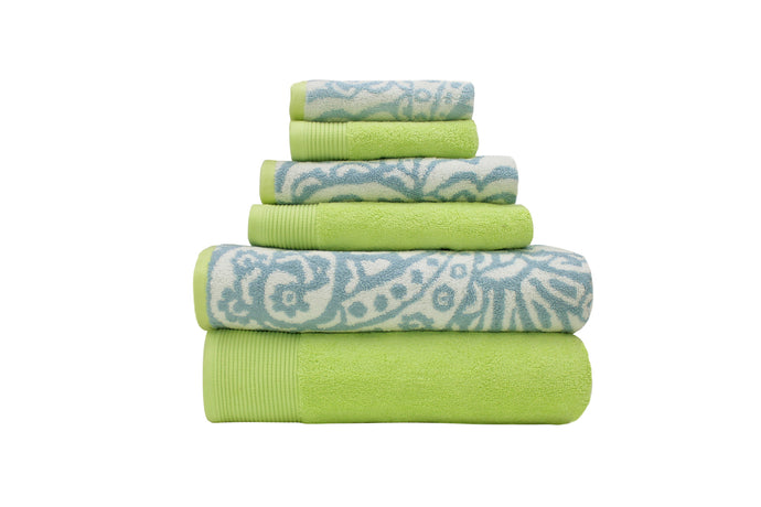 600 GSM 100% Egyptian cotton Yarn dyed Paisley 6 piece towel set Blue/Lime