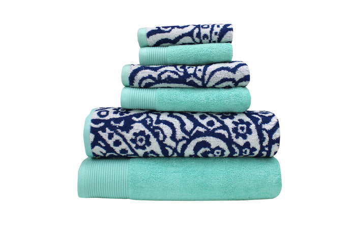 600 GSM 100% Egyptian cotton Yarn dyed Paisley 6 piece towel set Denim/Aqua