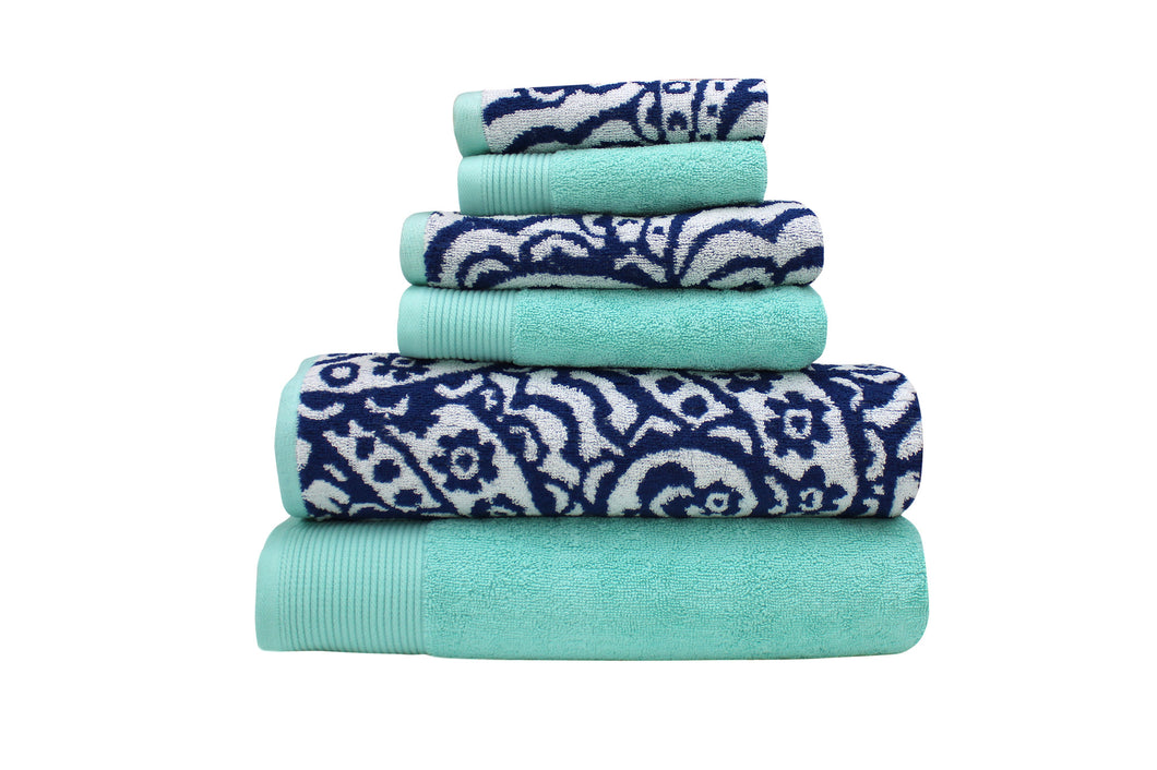 600 GSM 100% Egyptian cotton Yarn dyed Paisley 6 piece towel set Denim/Aqua