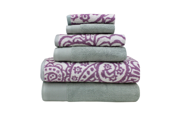 600 GSM 100% Egyptian cotton Yarn dyed Paisley 6 piece towel set Mauve/Grey