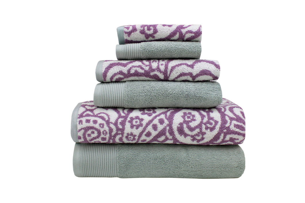 600 GSM 100% Egyptian cotton Yarn dyed Paisley 6 piece towel set Mauve/Grey