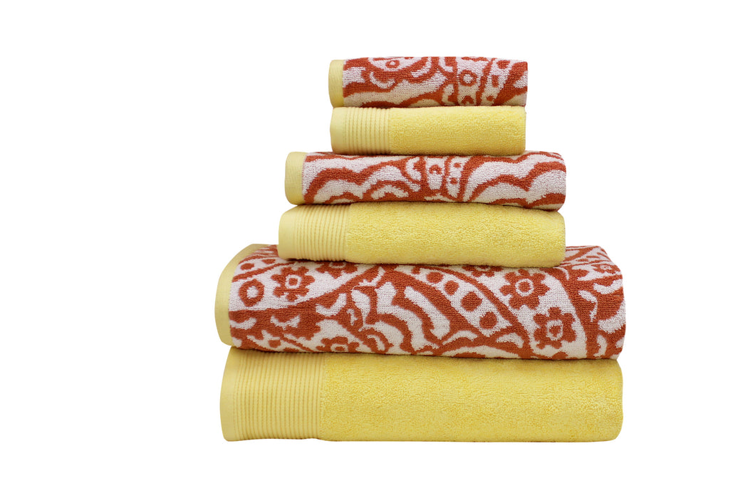600 GSM 100% Egyptian cotton Yarn dyed Paisley 6 piece towel set Orange/Yellow