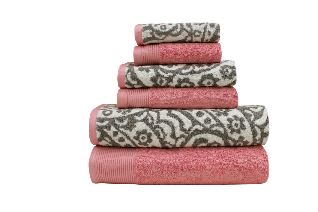 600 GSM 100% Egyptian cotton Yarn dyed Paisley 6 piece towel set Grey/Pink