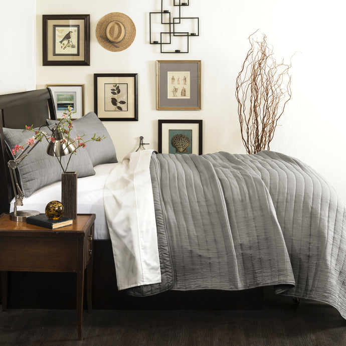 Crinkle Solid 3 Piece Gray Reversable Quilt King