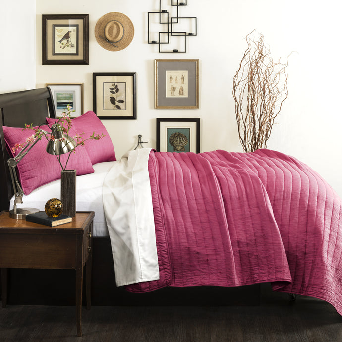 Crinkle Solid 3 Piece Hotpink Reversable Quilt Full/Queen