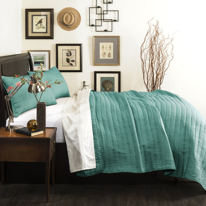 Crinkle Solid 2 Piece Turquoise Reversable Quilt Twin