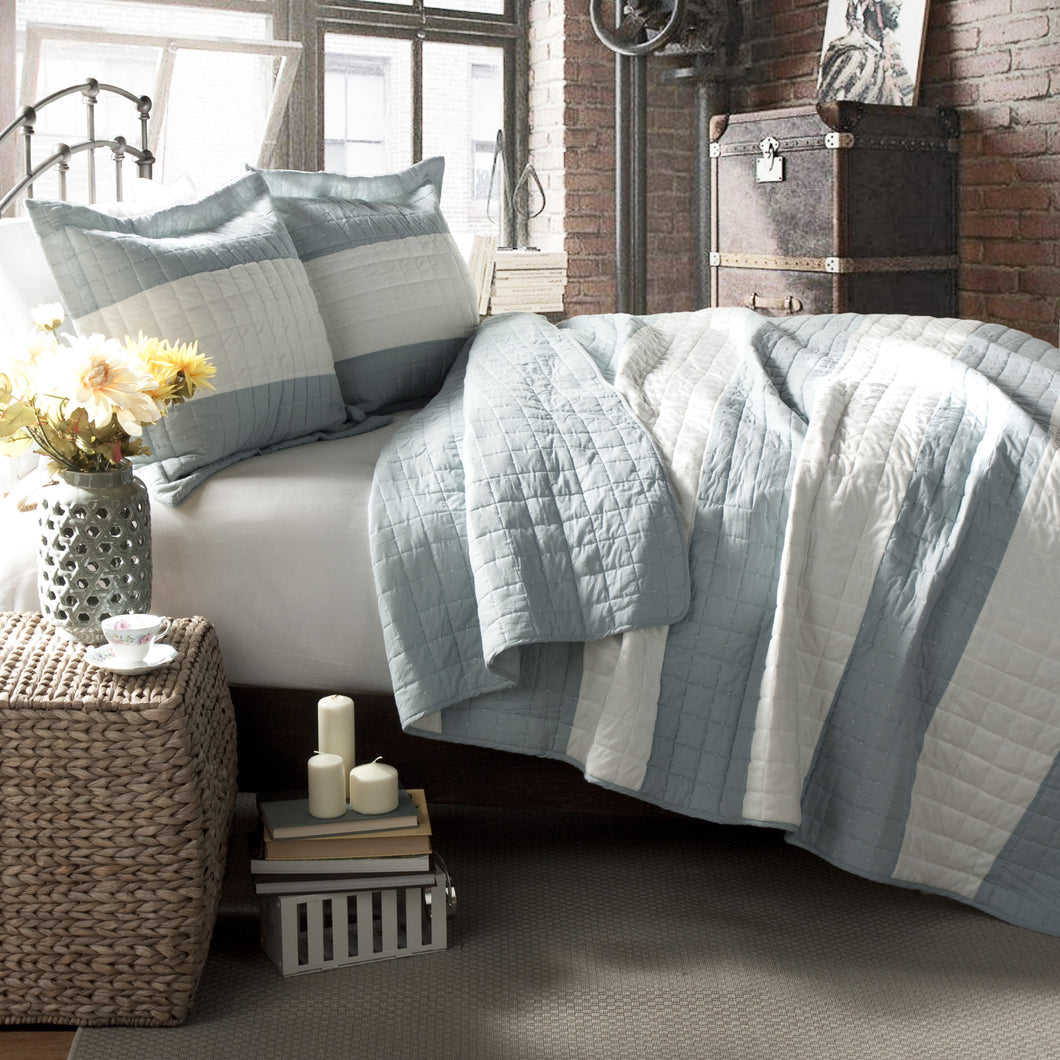 Berlin Stripe cotton fleece Quilts Blue 3Pc Set Full/Queen