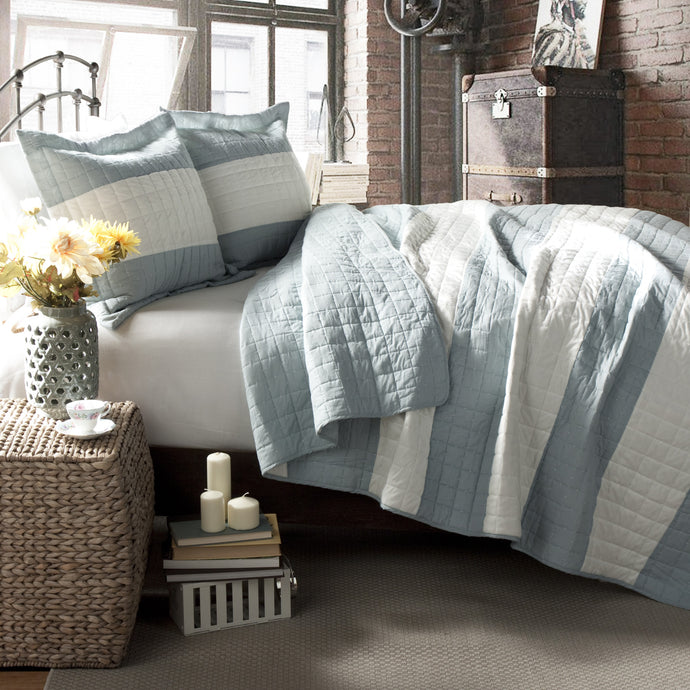 Berlin Stripe  cotton fleece Quilts Blue 3Pc Set King