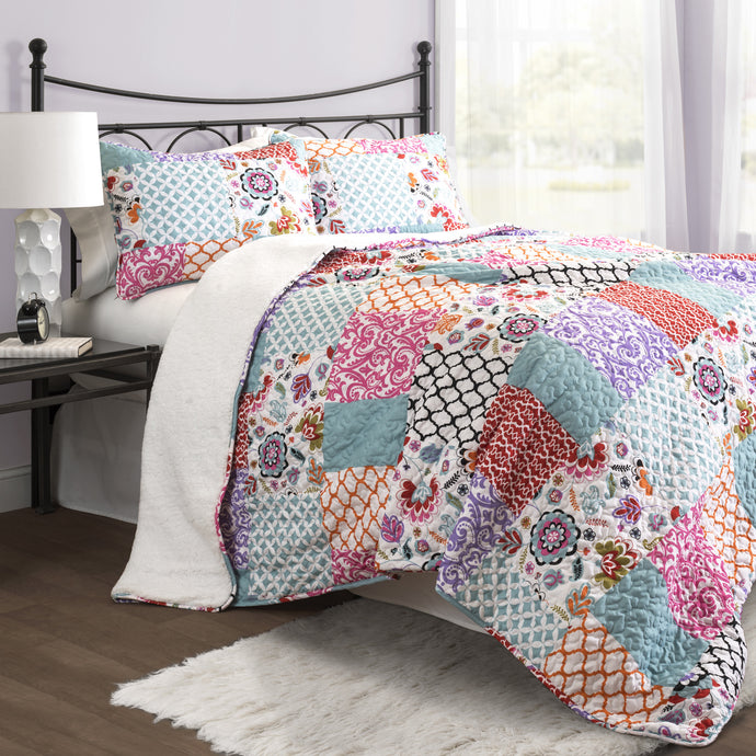 Brookdale Reversable Quilt s Purple/ Turquoise 3 Piece Set Sherpa Full/ Queen