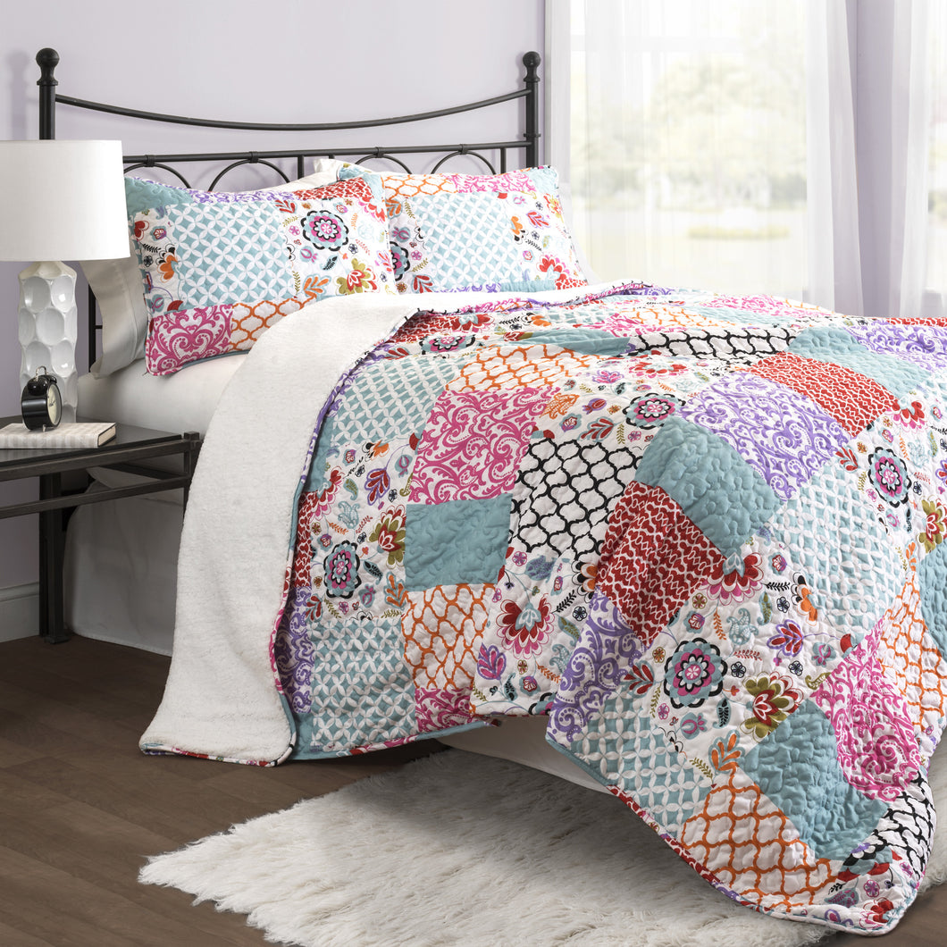 Brookdale Reversable Quilt s Purple/ Turquoise 3 Piece Set Sherpa Full/ Queen
