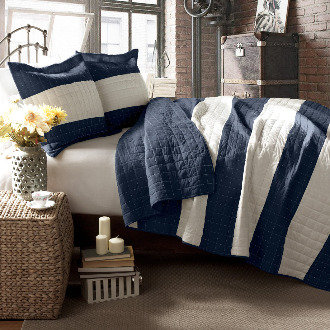 Berlin Stripe  cotton fleece Quilts Navy 3Pc Full/Queen