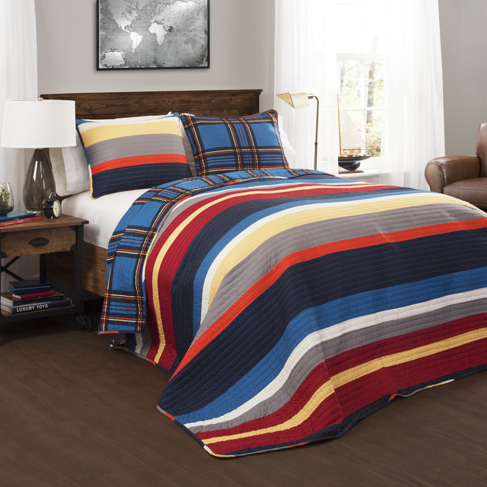 Cliveden Stripe Reversable Quilt Blue/Red 2 Piece Set Twin