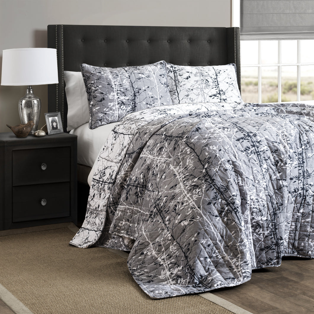 Forest Reversable Quilt Gray/ Black 3 Piece Set King