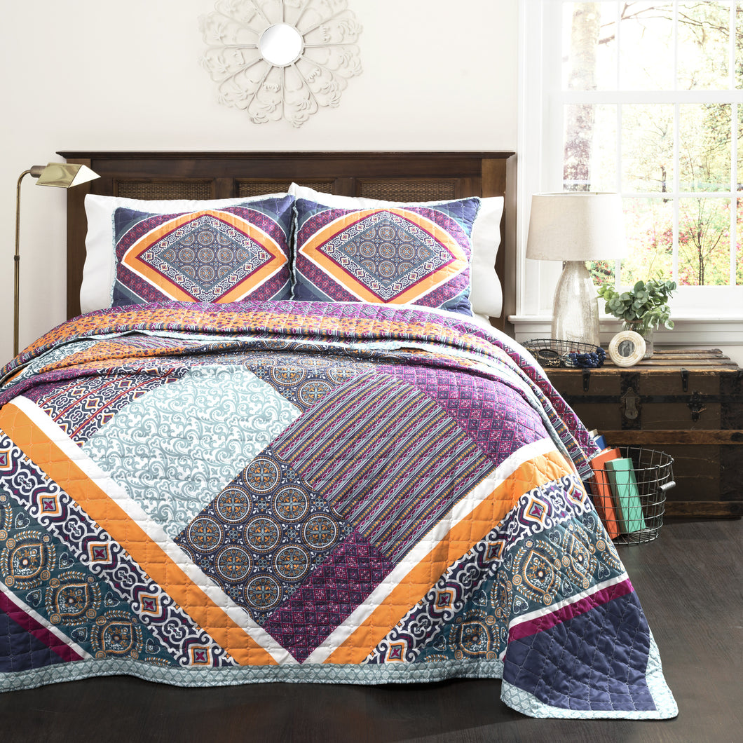 Abbie Reversable Quilt Navy/ Turquoise 3 Piece Set King