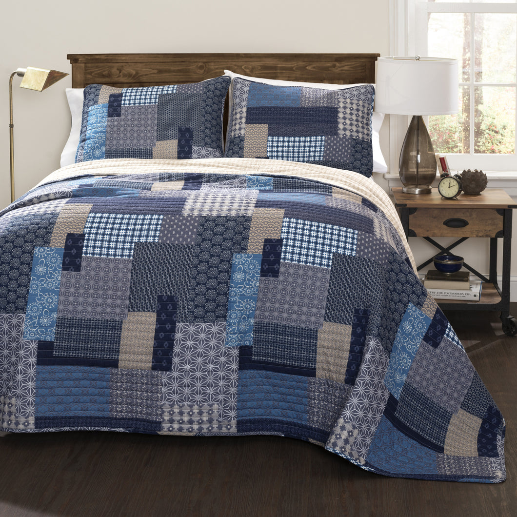 Ethan Reversable Quilt Blue 3 Piece King