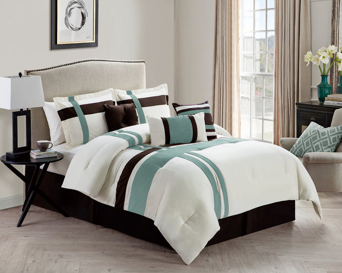 Berkley 7 Piece Comforter Set In Queen Ivory/Blue