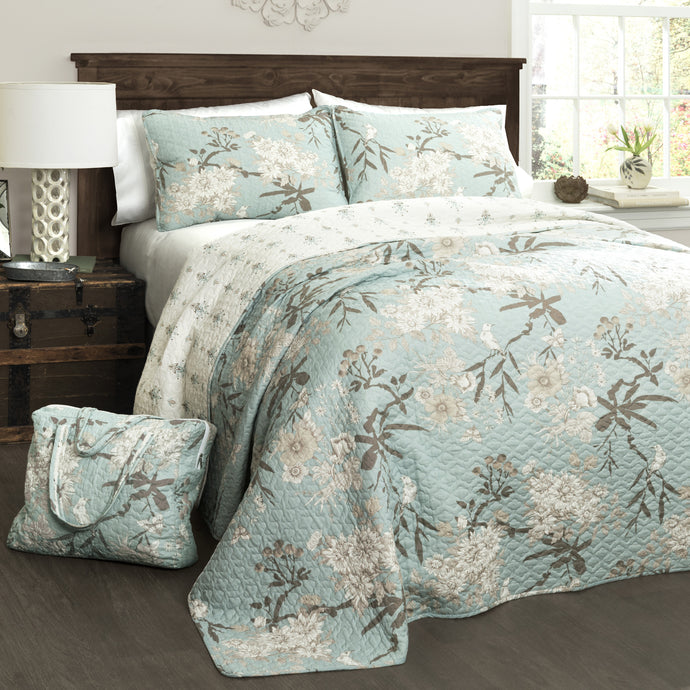 Botanical Garden Quilt Blue 4pc Set King