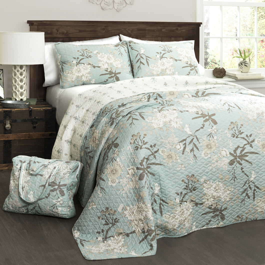 Botanical Garden Quilt Blue 4pc Set King