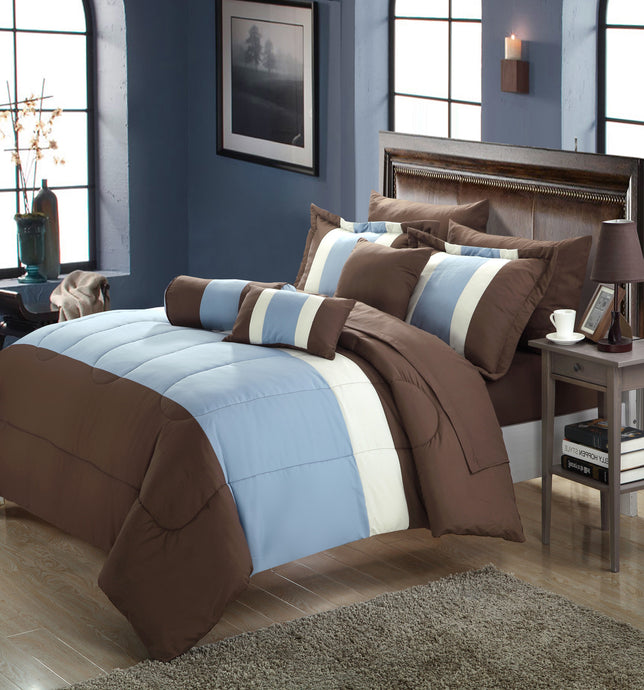 Chic Home Sebastian 10-piece Bed in a Bag Comforter Set with 4-piece sheet set, King Size, Blue, Pillow Shams, Decorative Pillows and Sheet Set Included