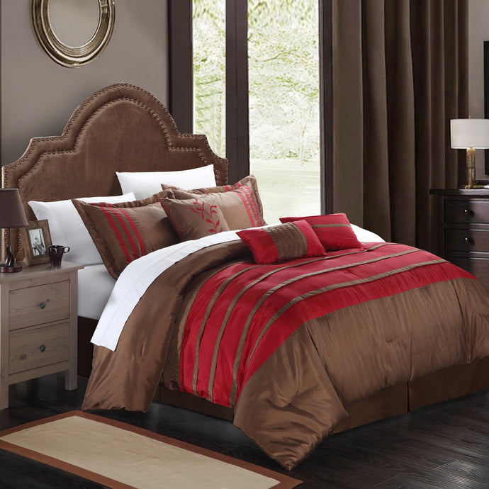Chic Home Therry Pleated Piecing Luxury Bedding Collection 7-Piece Comforter Set Pleated Piecing Luxury Bedding Collection, Queen Size in Burgundy