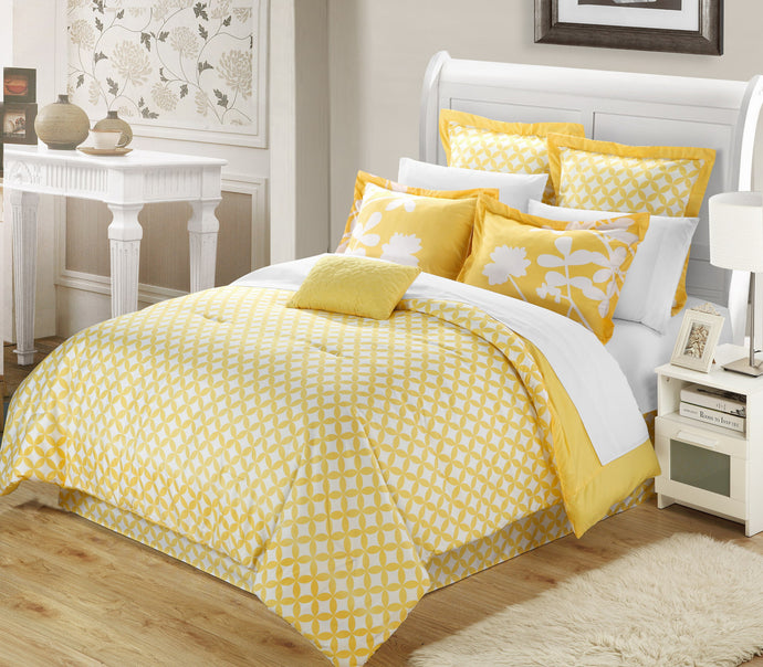 Chic Home Sire 11-Piece Comforter Set Queen Size, Yellow; Sheet Set, Bedskirt, Four Shams and Decorative Pillow Included