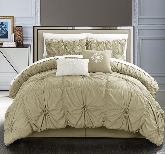 Chic Home 6 Piece Hilton Floral Pinch Pleat Ruffled Designer Embellished Comforter Set, King, Taupe