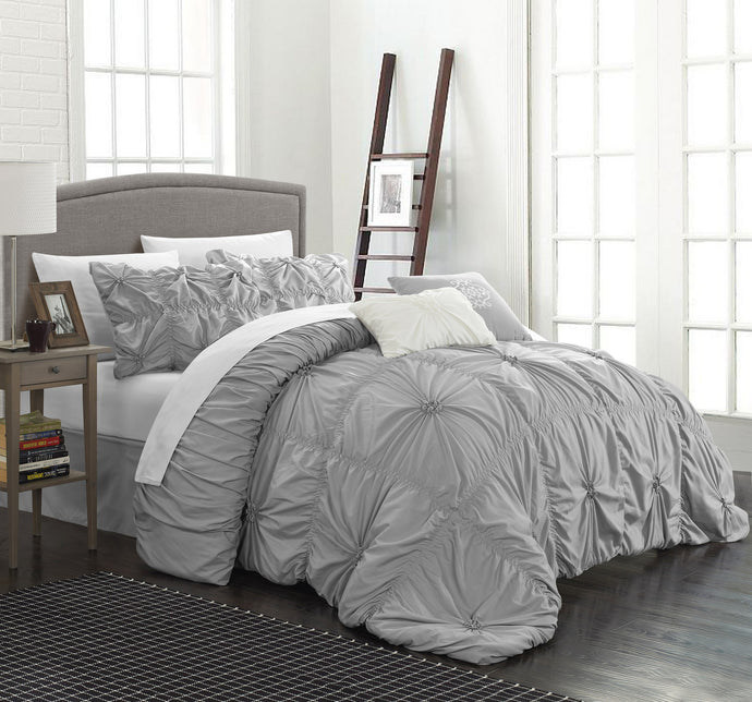 Chic Home 6 Piece Hilton Floral Pinch Pleat Ruffled Designer Embellished Comforter Set, Queen, Silver