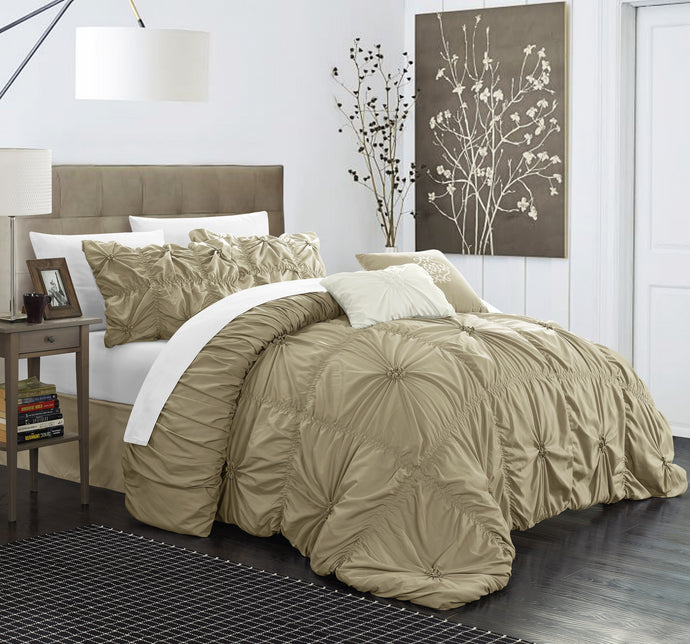 Chic Home 10 Piece Hilton Floral Pinch Pleat Ruffled Designer Embellished Comforter Set, Queen, Taupe with 4 Piece White Sheet Set