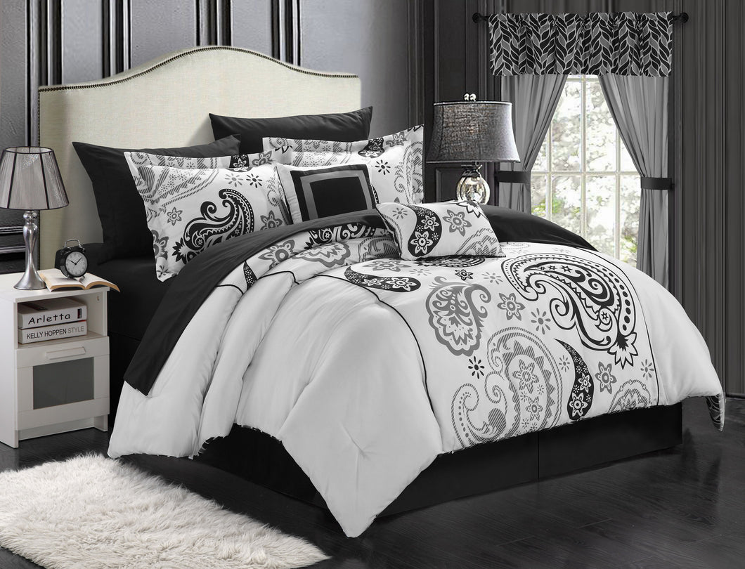 Chic Home Orie 20-Piece Paisley Print Reversible Comforter Set, King, White/Black; Bedskirt, Shams, Sheet Set, Panels, Tie Backs, Decorative Pillows